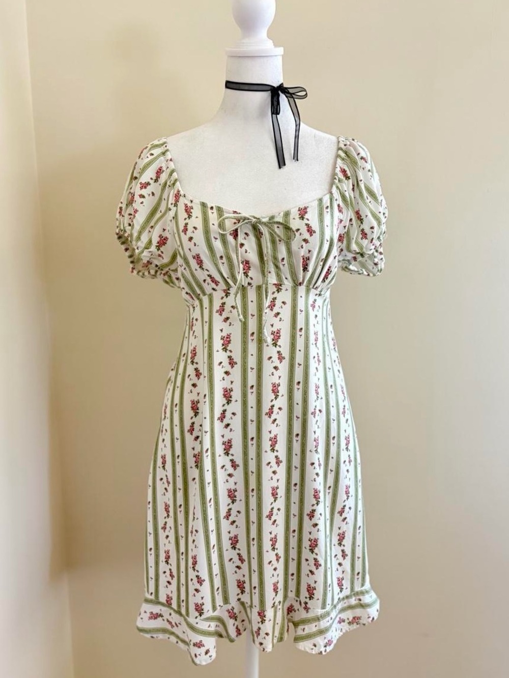 Floral milkmaid euro coquette mini dress green stripe puff sleeve regency Y2K XS